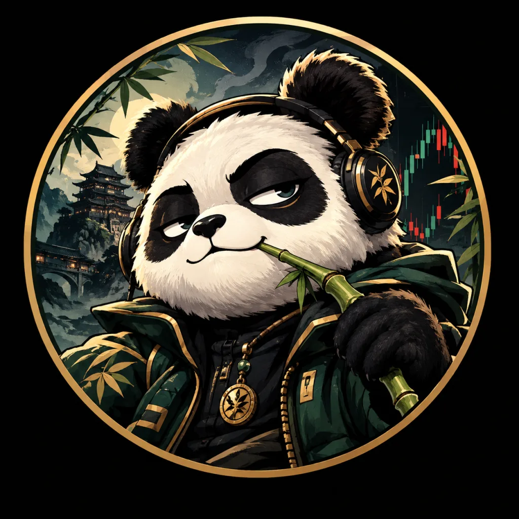 Bamboo Bro concept avatar: a chill panda in a forest-green jacket with headphones, biting a stalk of bamboo, Chengdu tower and candlestick chart behind him